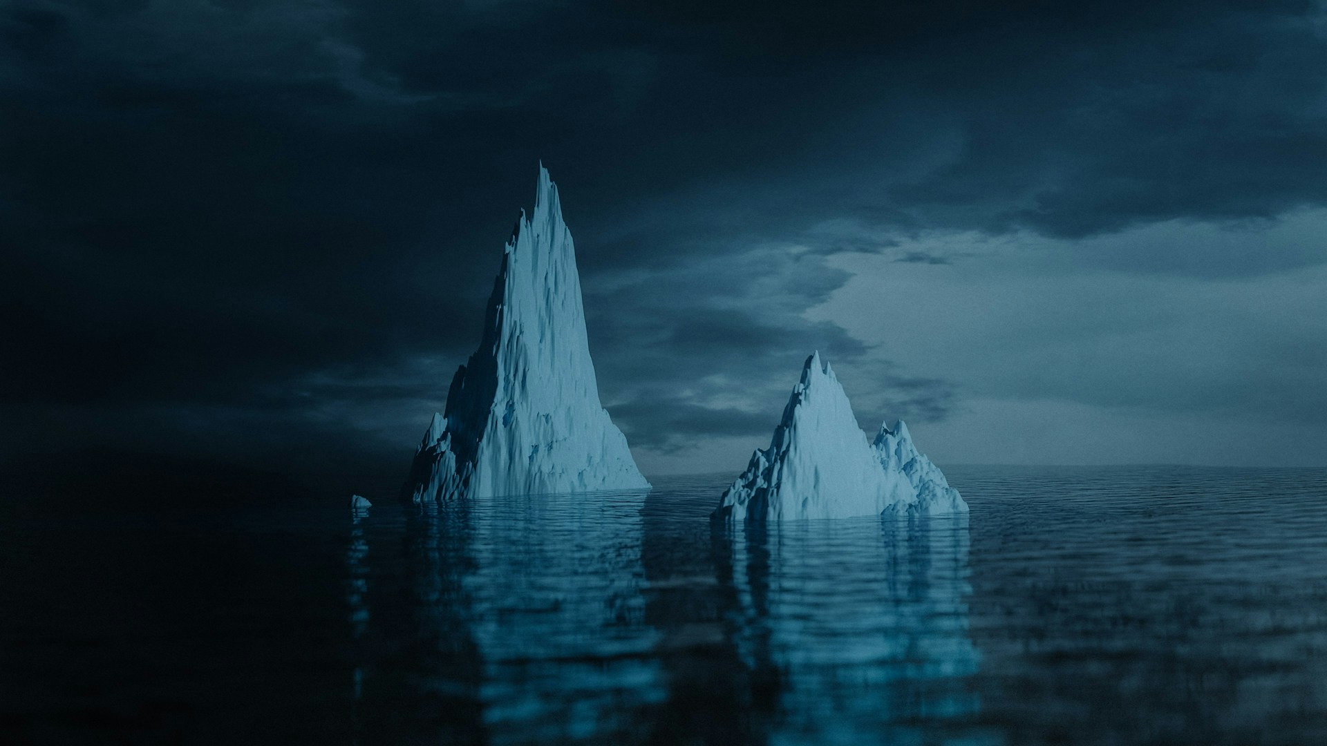 Icebergs floating in dark waters