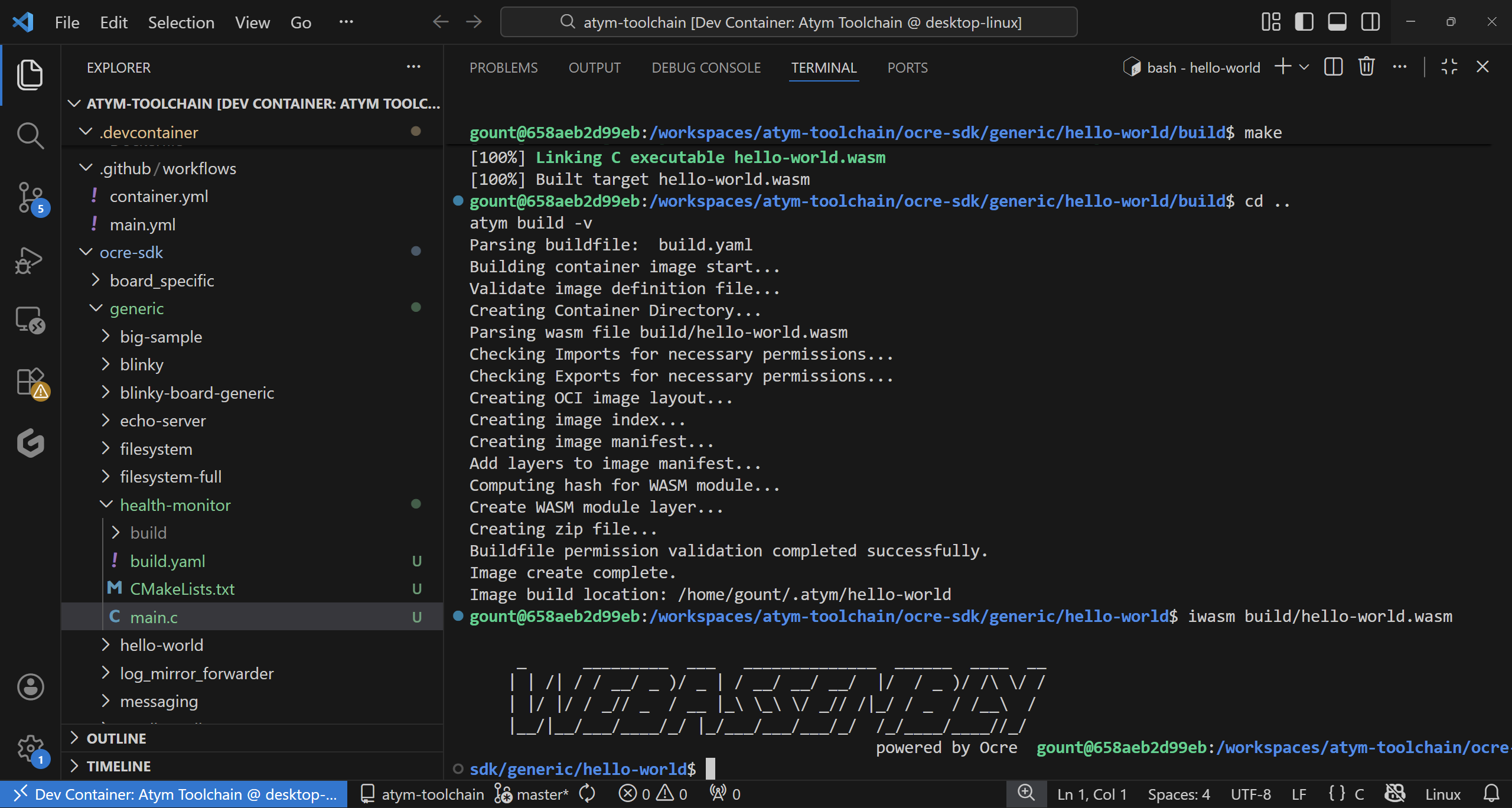 Terminal showing iwasm executing hello-world.wasm with ASCII art banner