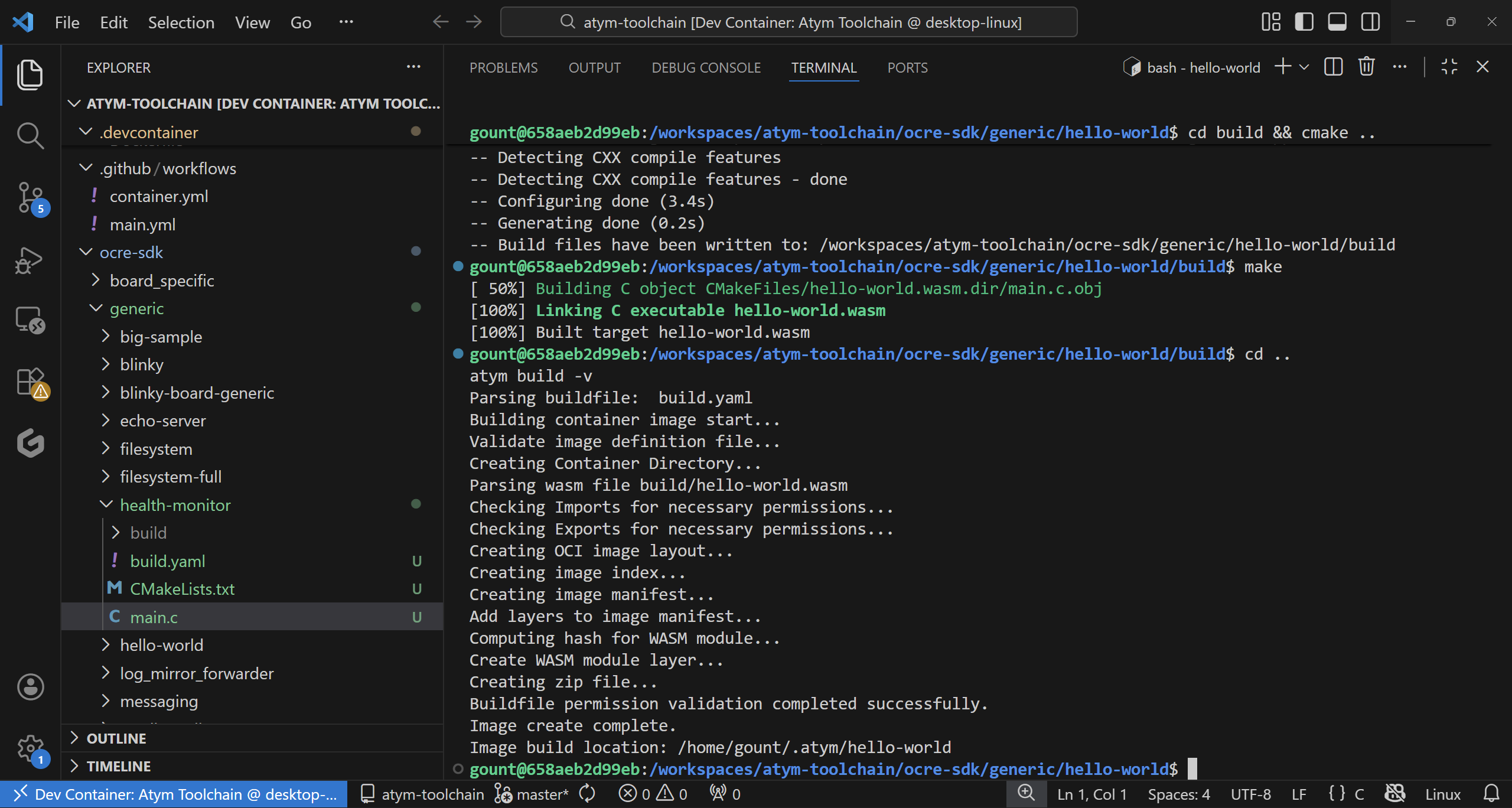 Terminal output of atym build creating an OCI container image