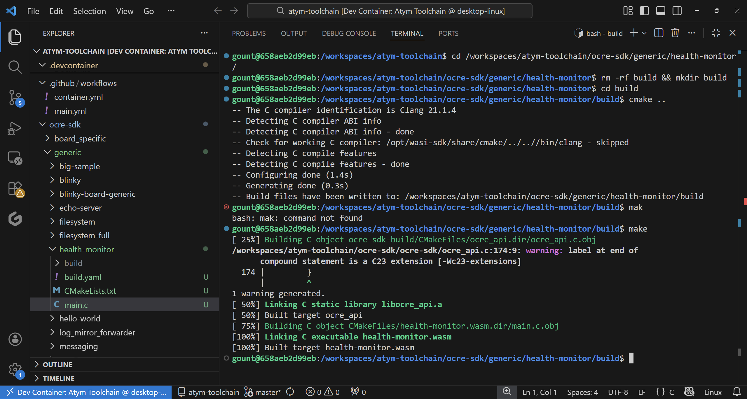 Terminal output showing health-monitor cmake and make build