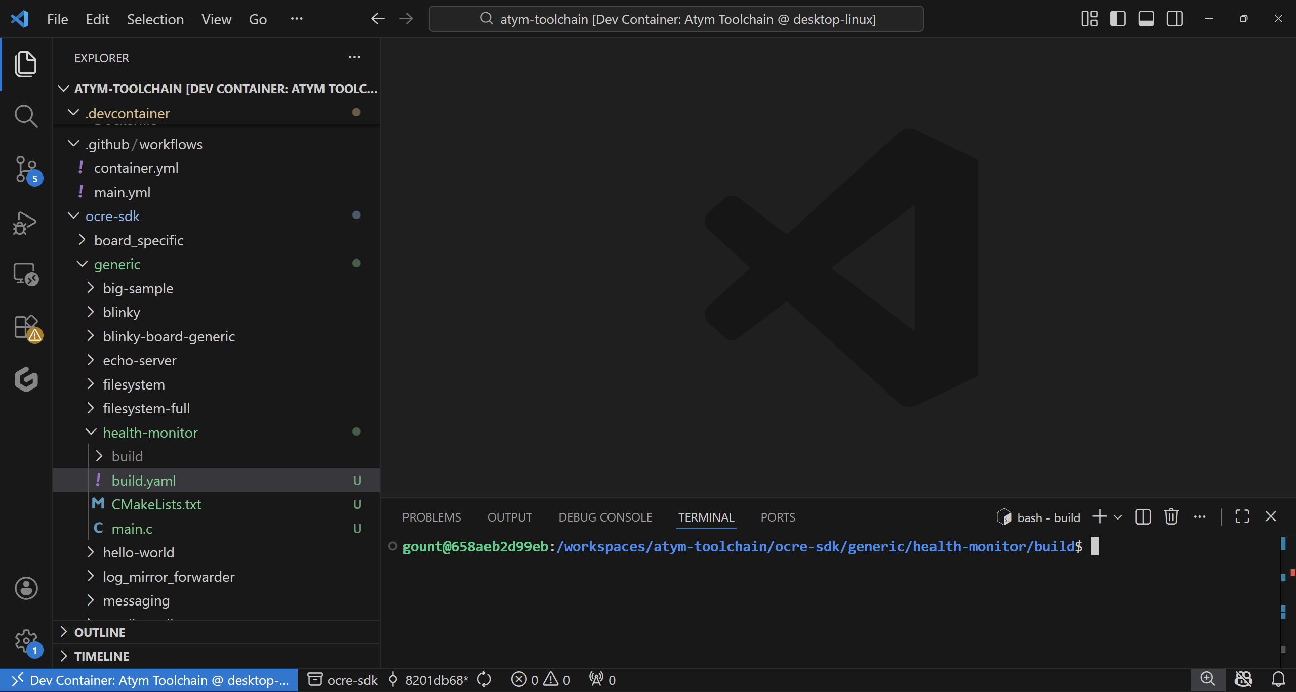 VS Code Explorer showing sample project structure with main.c, CMakeLists.txt, and build.yaml
