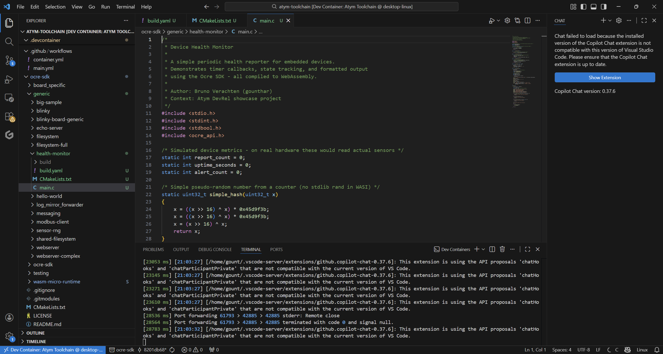 Health monitor C source code open in VS Code editor