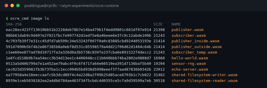 ocre_cmd image ls showing all loaded .wasm images with SHA-256 hashes and sizes