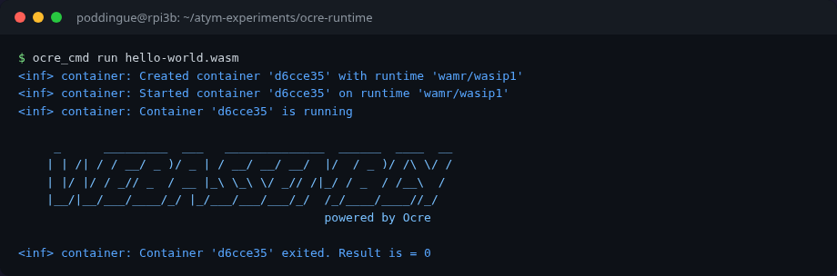 ocre_cmd run hello-world.wasm showing ASCII banner and clean exit