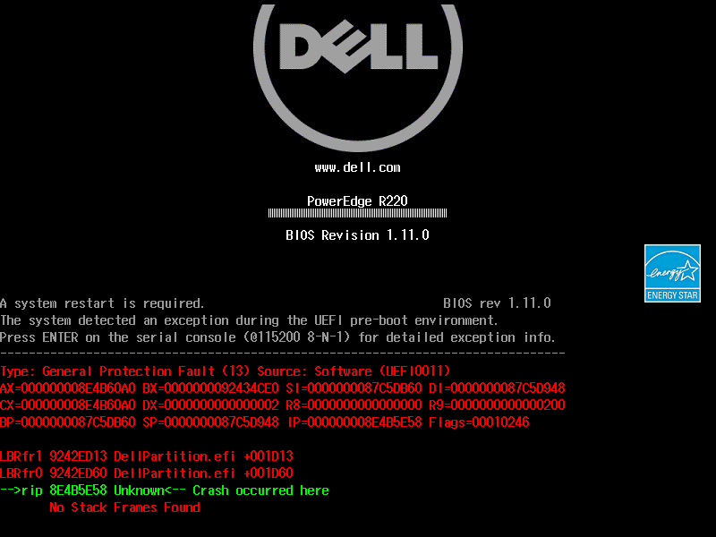 Dell PowerEdge R220 — General Protection Fault in DellPartition.efi. Green and red register dumps on a black screen.