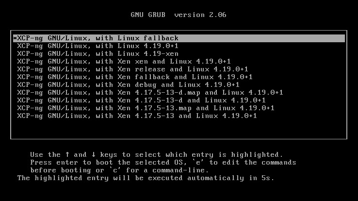 GRUB menu on bare metal — eleven XCP-ng entries, the Dell firmware didn't crash this time
