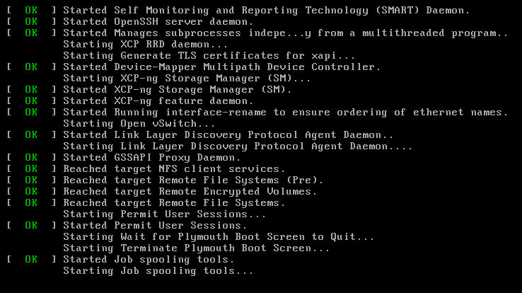 XCP-ng systemd services starting on bare metal — XAPI, Open vSwitch, Storage Manager all coming up