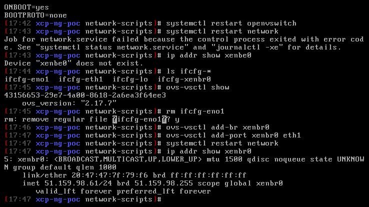 xenbr0 is UP — IP 51.159.98.61 assigned, networking finally works
