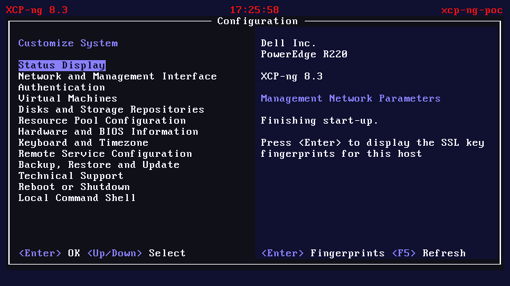 xsconsole — XCP-ng 8.3 on Dell PowerEdge R220, finishing first-boot initialization