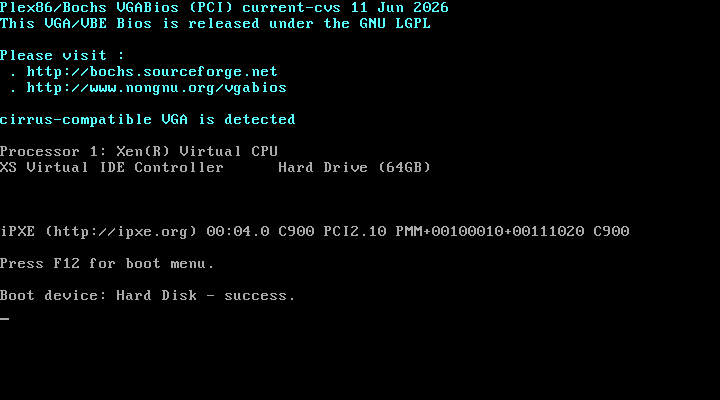 SeaBIOS power-on text showing an XS Virtual IDE Controller with a 64 GB hard drive detected and the line Boot device: Hard Disk success, with no further output.