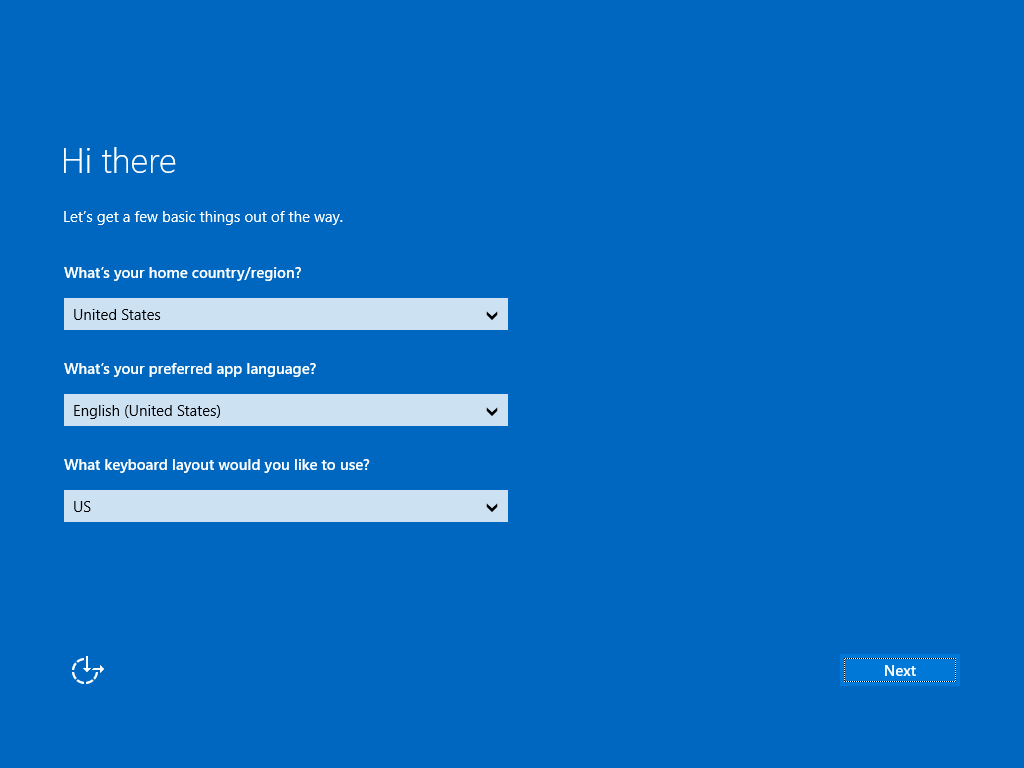 Windows out-of-box Hi there screen with United States region, English language, and US keyboard dropdowns.