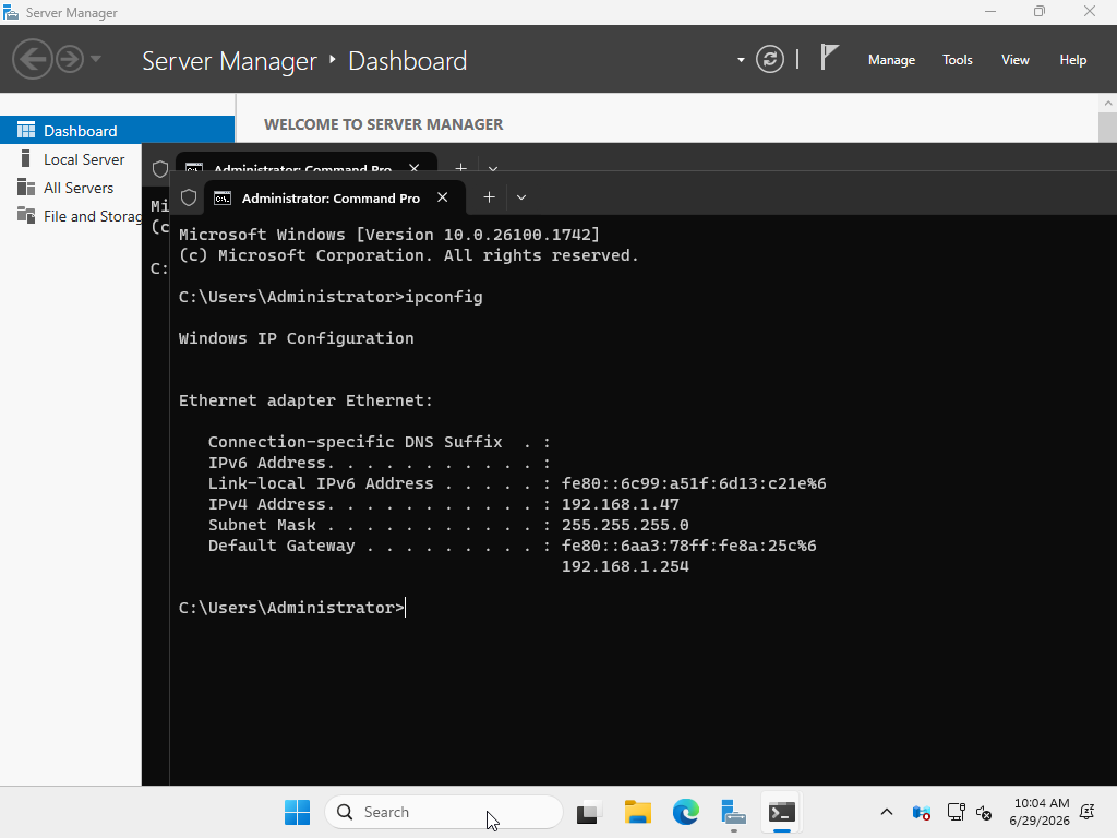 A Command Prompt running ipconfig, showing the Ethernet adapter with an IPv4 address and a default gateway.