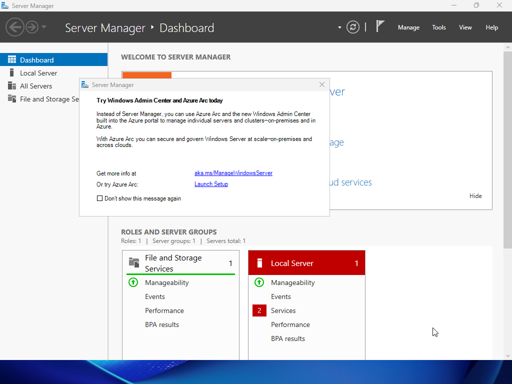 Windows Server 2025 desktop showing the Server Manager dashboard with the local server and roles listed.