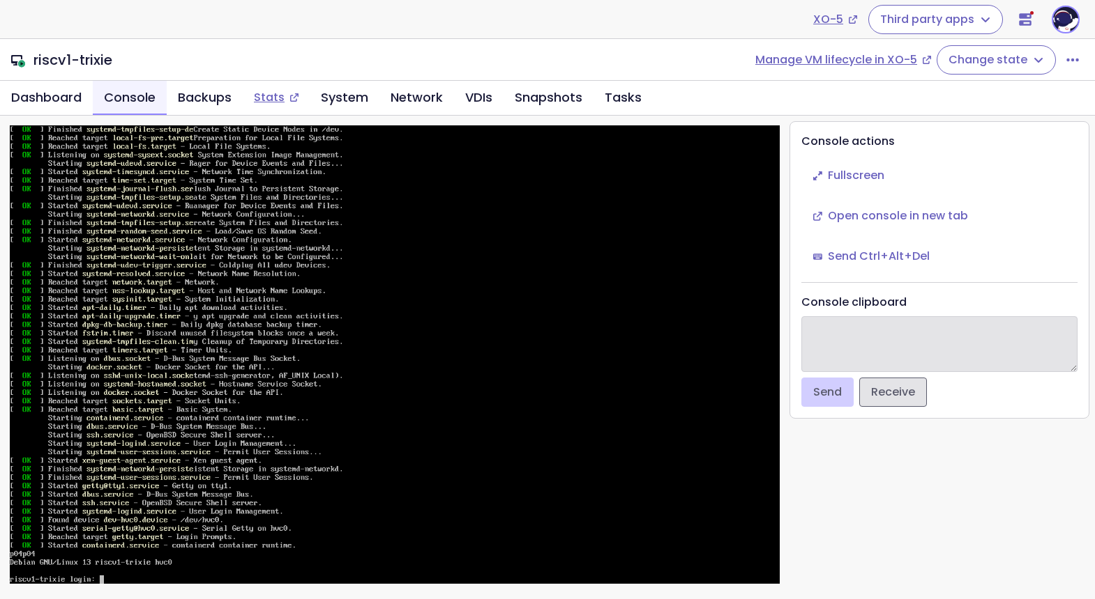 Xen Orchestra 6 console tab for the VM riscv1-trixie, showing systemd boot messages including the Xen guest agent service, ending at the prompt "Debian GNU/Linux 13 riscv1-trixie hvc0" and "riscv1-trixie login:".