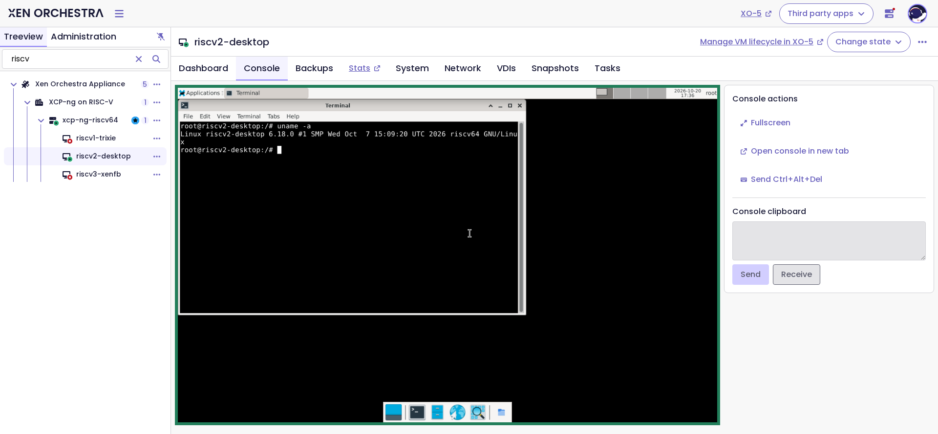 Xen Orchestra 6 showing the VM riscv2-desktop in the XCP-ng on RISC-V pool. The Console tab displays an XFCE desktop with a terminal where uname -a prints a Linux 6.18 riscv64 kernel.
