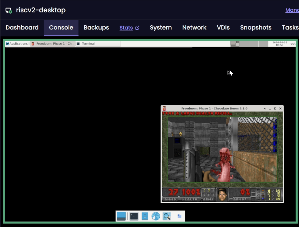 Xen Orchestra 6 Console tab for the VM riscv2-desktop, showing an XFCE desktop with a Chocolate Doom 3.1.0 window running Freedoom Phase 1.